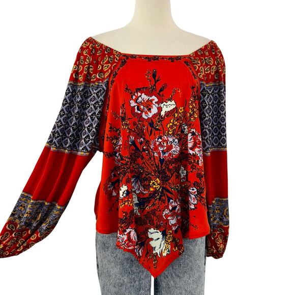 Free People Positano Printed Top Blouse Cherry Combo Asymmetrical XS Oversized - Picture 1 of 10
